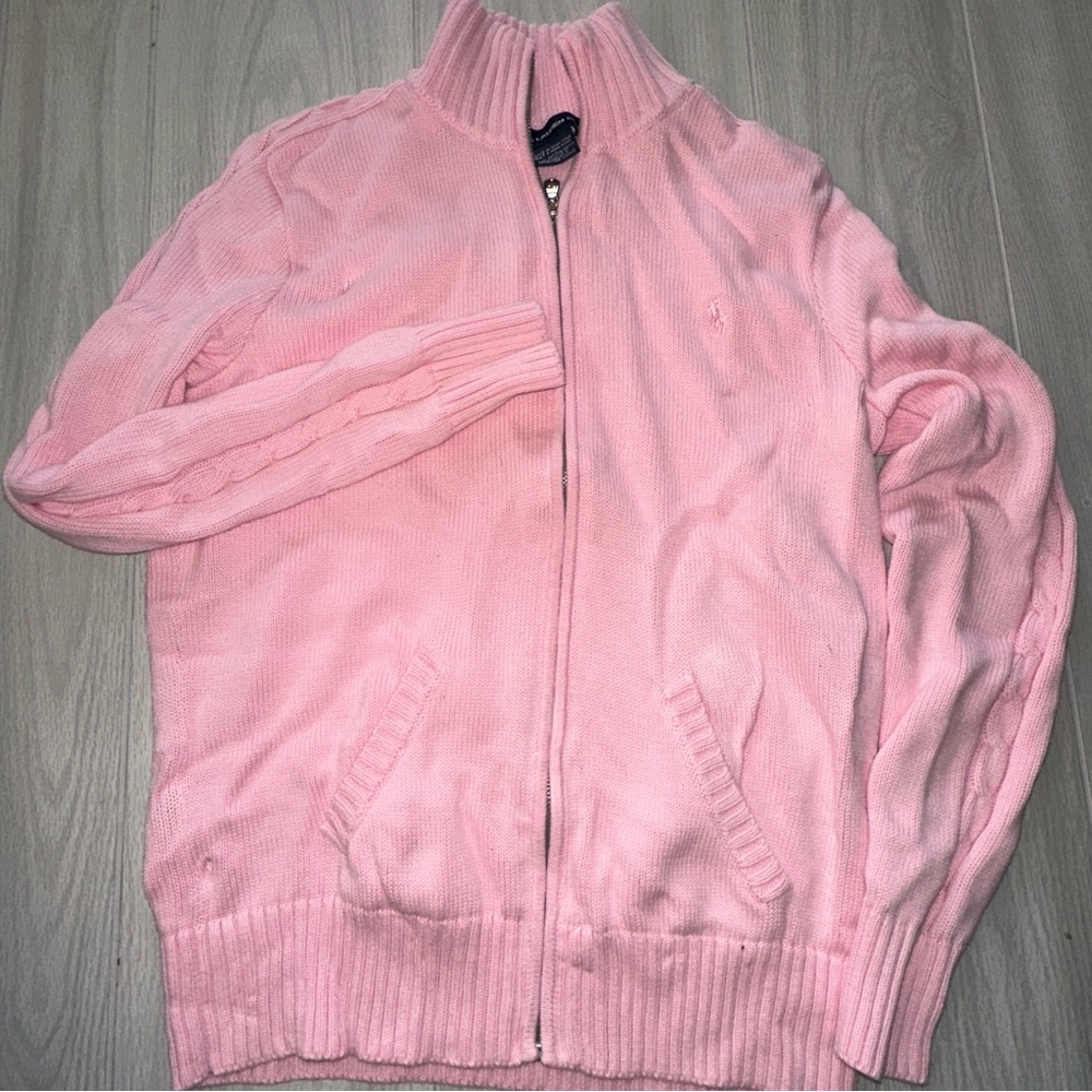 Ralph Lauren Golf Sport Womens Medium Light Pink Sweater Cable Knit Jacket Zip